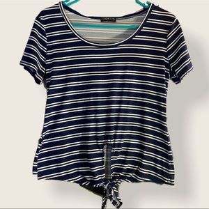 LoveMood Shirt Sleeve Blue Striped Tie Front Top